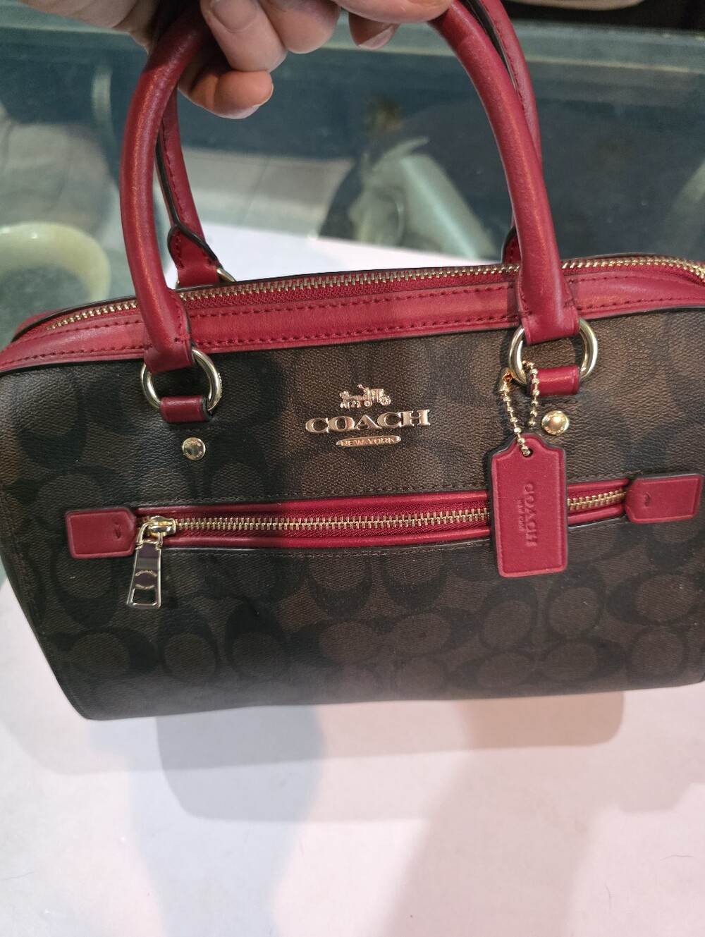 New Coach Rowan Brown Signature Satchel with Red Trim